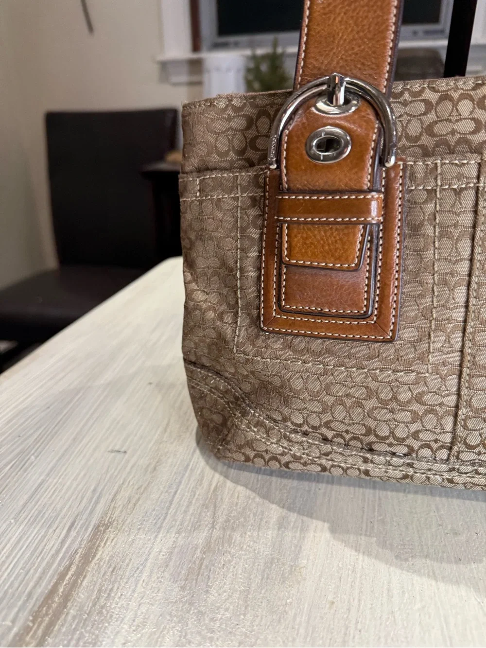 Coach SoHo Mini C Brown Signature Canvas Small Tote with Leather Trim